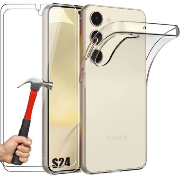 Fodral till Samsung Galaxy S24 med 2 härdade glasögon - Transparent mjukt stötsäkert silikonfodral