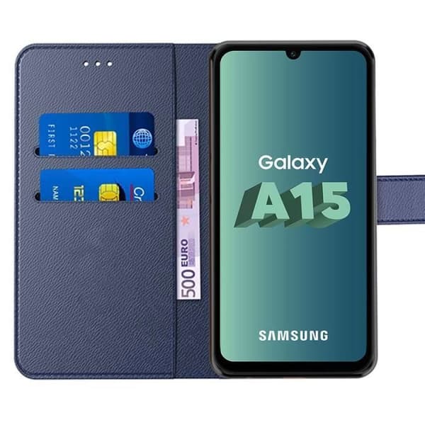 Skyddsskal - BOOLING - för Samsung Galaxy A15 4G-5G - Stötsäker - PU-Läder - Mörkblå marinblå