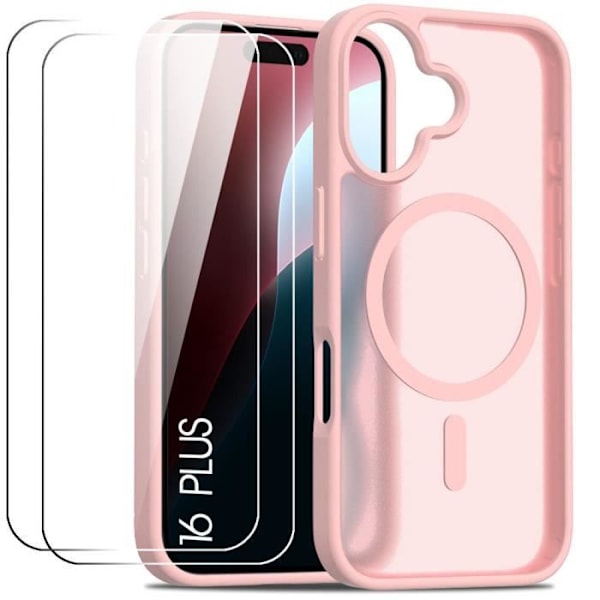 Etui og 2 hærdede briller til iPhone 16 Plus, Beskyttelse med Magnetisk Ring - Pink