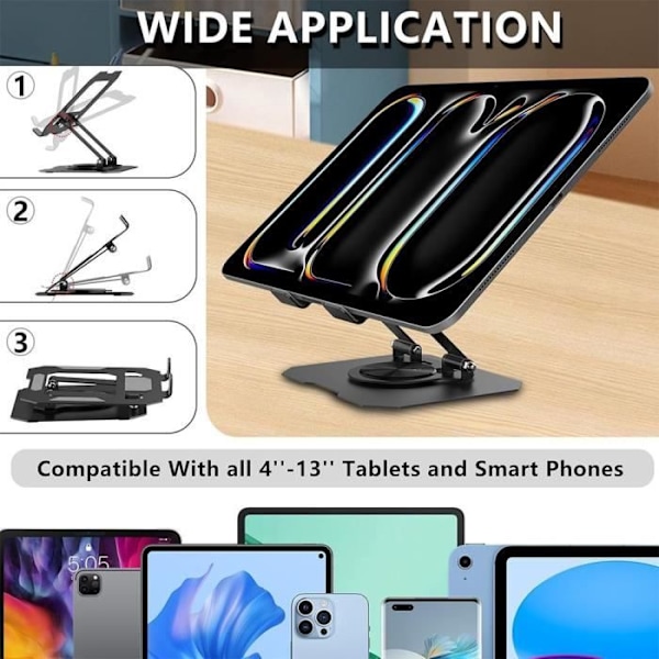 Vikbar tabletthållare, 360° roterande hållare för iPad-Samsung Tab-Redmi Pad, Anti-halk justerbar metall svart