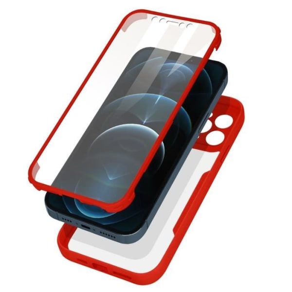 Cover til iPhone 12 Pro (6.1") 360° beskyttelse Touch front + Transparent hård bagside og rødt omrids Transparent