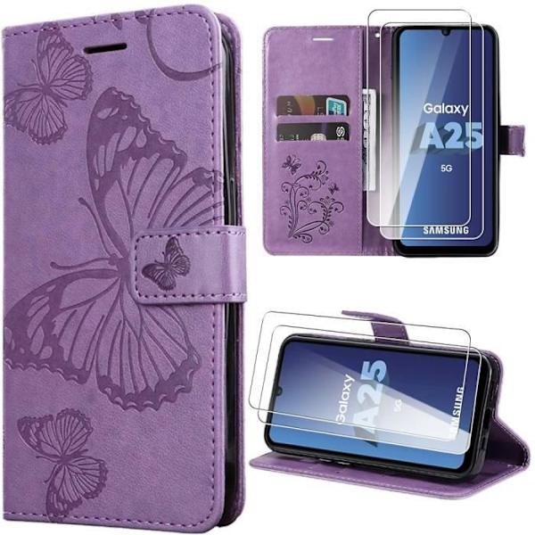 Skyddshylsa - Samsung - Galaxy A25 5G - Lila - Stötdämpande - PU-läder med Fjärilsmönster Lila