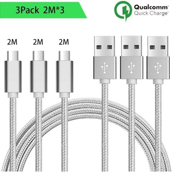 Micro USB-kabel - Ospecificerad - 3-pack - 2M - Silvernylon - Kompatibel med Android