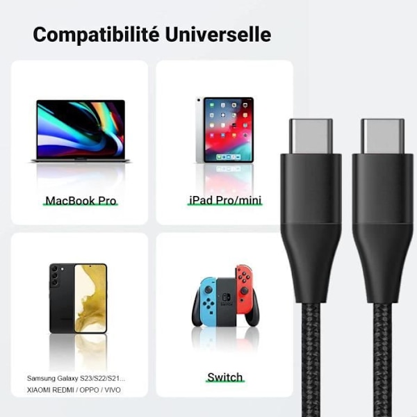 25W laddare + 1M nylon USB-C till USB-C-kabel för Samsung Galaxy A05s A15 A25 A35 A55 S24 Ultra S24 FE - Svart Svart