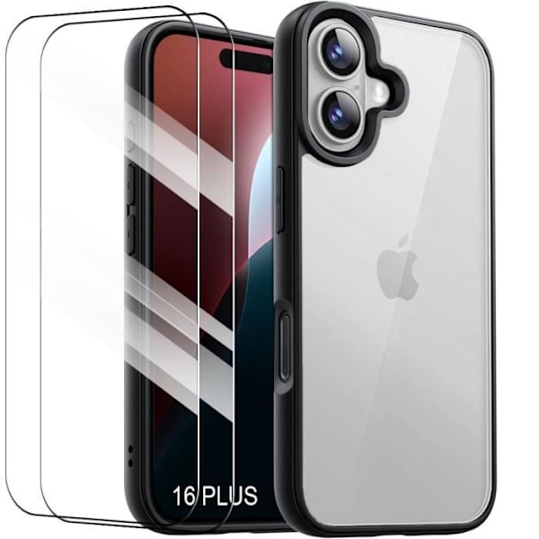 Fodral och 2 härdade glasögon för iPhone 16 Plus - Stötsäkert skydd Transparent hård rygg + svart TPU-kant