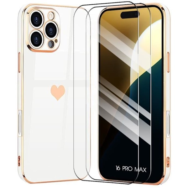 Skyddsskal - BOOLING - iPhone 16 Pro Max - Vit Silikon - Hjärtmotiv - Guldkanter Vitt guld