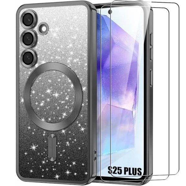Coque och 2 Fuktiga Glas för Samsung Galaxy S25 Plus (S25+), med Magnetisk Skyddskrets för Kamera - Svart