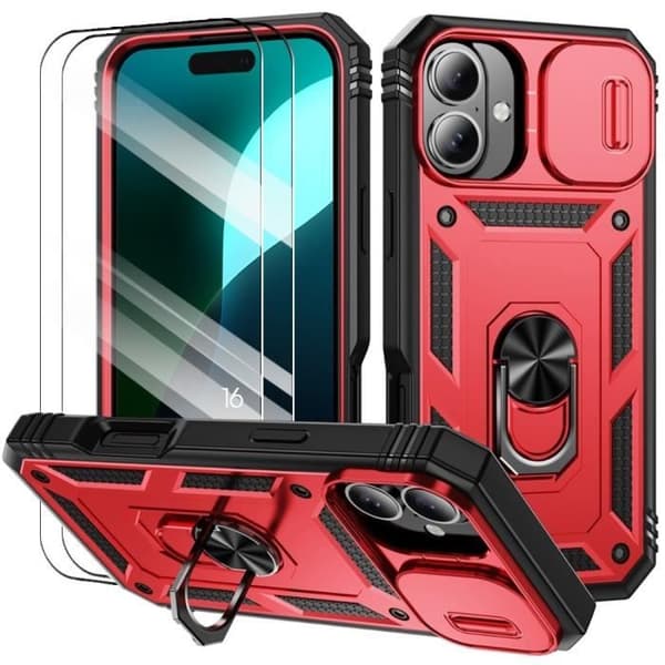 Mobilskal - BOOLING - för iPhone 16 - Stötsäkert - Rotationsstöd - 2 Härdat Glas Röd