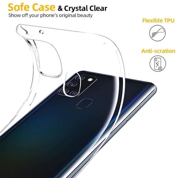 För Samsung Galaxy A21S 6,5" SM-A217F: UltraSlim Gel Silikonfodral - TRANSPARENT + 1 färg härdat glasfilm - SVART