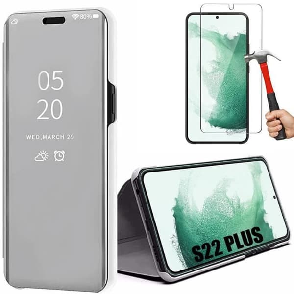 Skyddsfodral - BOOLING - för Samsung Galaxy S22+ - Spegeleffekt - Stötresistent - 2 Härdat Glas Silver