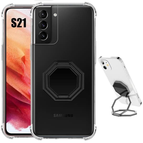 Coque - BOOLING - för Samsung Galaxy S21 - Transparent silikon - Justerbart ringstöd - Grå Klart, grå