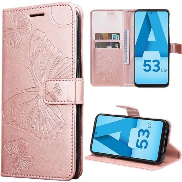 Fodral för Samsung Galaxy A53 5G, stötsäkert skydd Rosa syntetiskt läder med tryckt fjärilsmönster