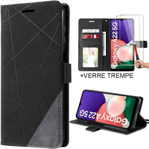 Set med 2 härdade glasögon + fodral för Samsung A22 5G Integral Anti-Scratch Lädereffekt Svart