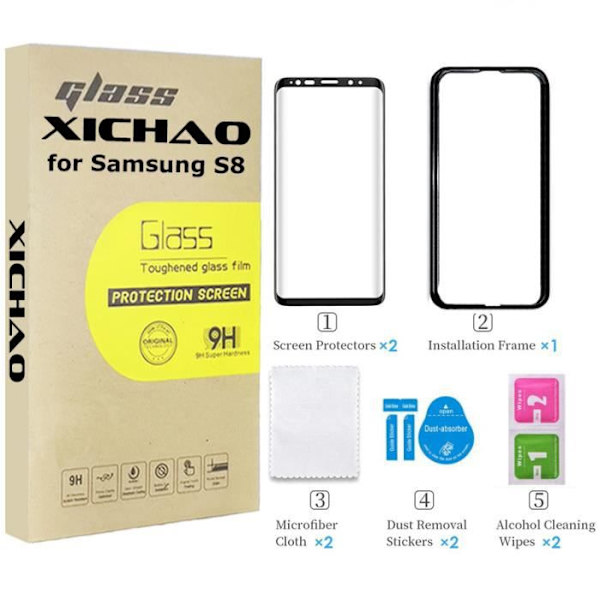 Härdat glas för Samsung Galaxy S8, skärmskyddsfilm med kit som är lätt att installera, anti-skrapa 2 delar