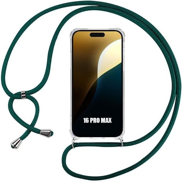 Fodral för iPhone 16 Pro Max - Tunna Mjuka Förstärkta hörn Anti-Scratch TPU + Axelrem Midnight Green