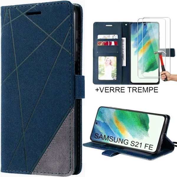 Skyddsfodral för Samsung Galaxy S21 FE - BOOLING - Elegant Mörkblå Syntetläder Fodral - 2 Härdade Glas marinblå