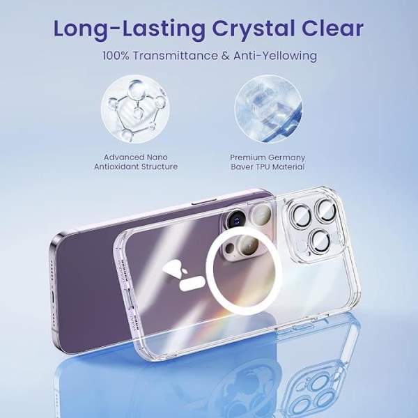 Fodral till iPhone 15 Pro Max - Transparent stötsäker med magnetisk cirkel och bakre kameraskydd härdat glas Transparent