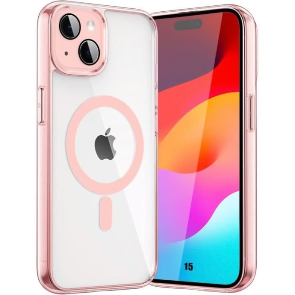 Skal för iPhone 15 med magnetisk cirkel och kameraskydd, stötsäker styv transparent rosa kontur