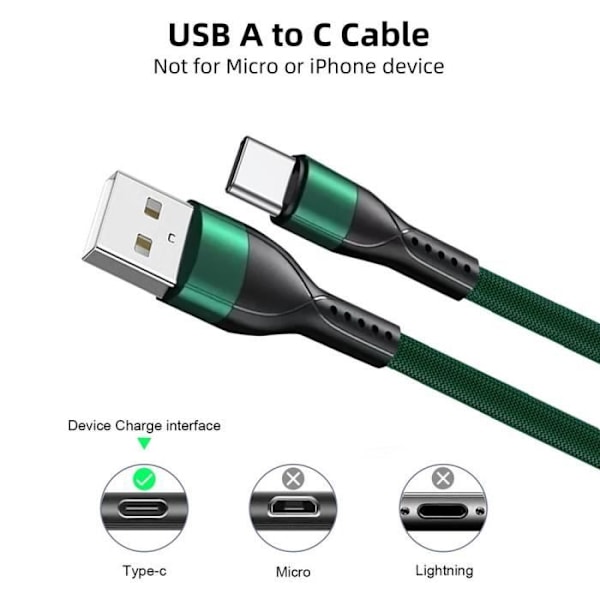 Pack av 2 Snabb USB-C-kablar 3A för Google Pixel 9 - 9 Pro - 8 - 8a - 8 Pro - 7 - 7a - 7 Pro - 6 - 6 Pro - 1 Meter Grön Nylon Grön