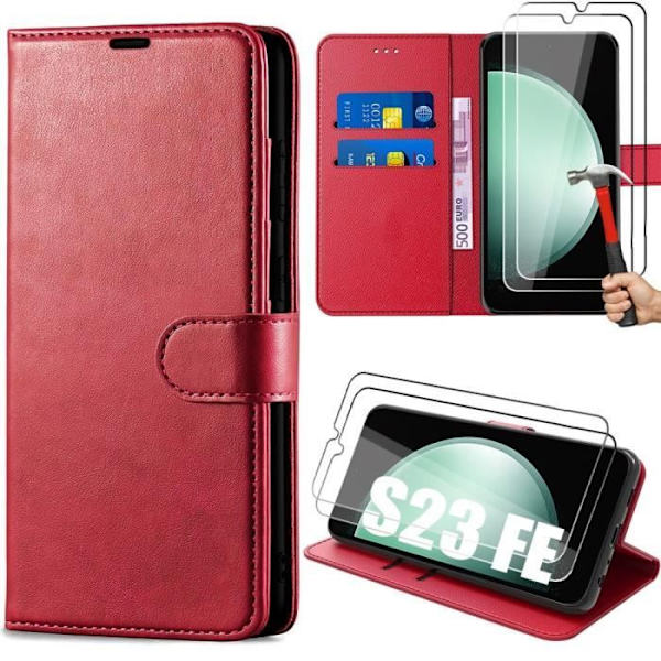 Skyddsfodral - Samsung - Galaxy S23 FE - Röd - Syntetiskt Läder - 2 Härdat Glas Röd
