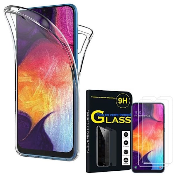 För Samsung Galaxy A50 SM-A505F 6,4": Fullständigt 360° silikonfodral fram och bak - TRANSPARENT + 2 härdat glasfilmer