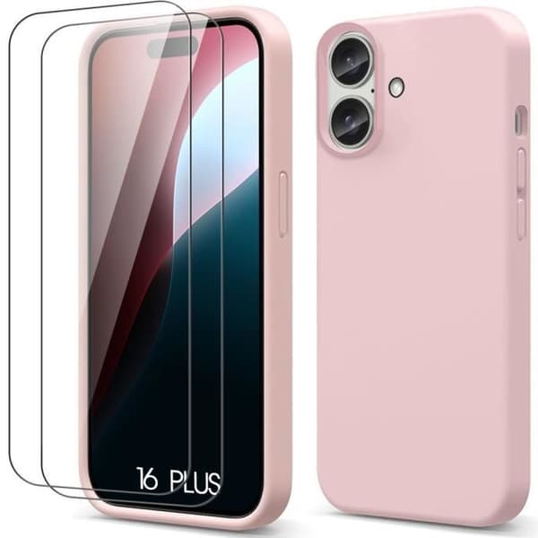Skyddsväska - BOOLING - för iPhone 16 Plus - Flytande silikon - 2 härdade glas - Repbeständig Rosa