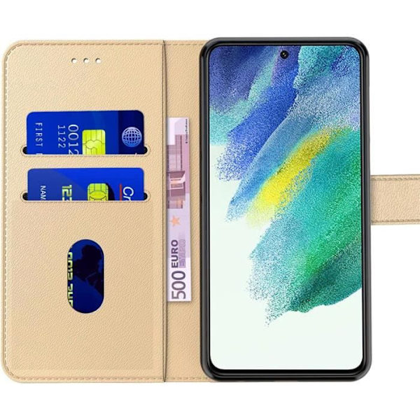 Fodral och Härdade Glas - Samsung - S22 - Guld - Lädeffekt - 2 Glas Set gyllene