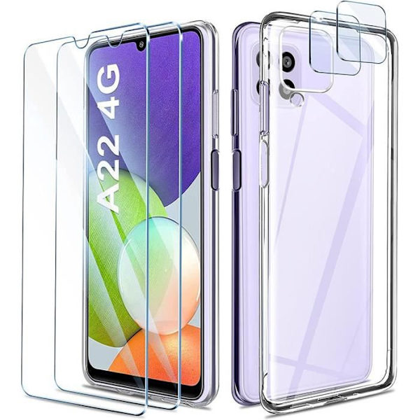 Coque en silicone - BOOLING - för Samsung Galaxy A22 - Transparent - 2 härdade glas - 2 kameraskydd Transparent