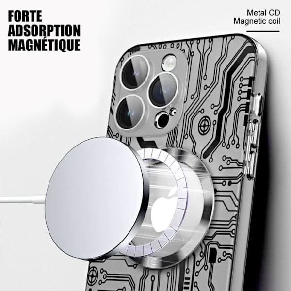 Fodral för iPhone 15 Pro Max med magnetisk cirkel, svart genomskinligt stötsäkert hårt skal + kameraskydd i härdat glas