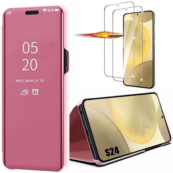 Fodral till Samsung Galaxy S24 med 2 härdade glasögon - Smart Fodral Spegeleffektskydd Rosa