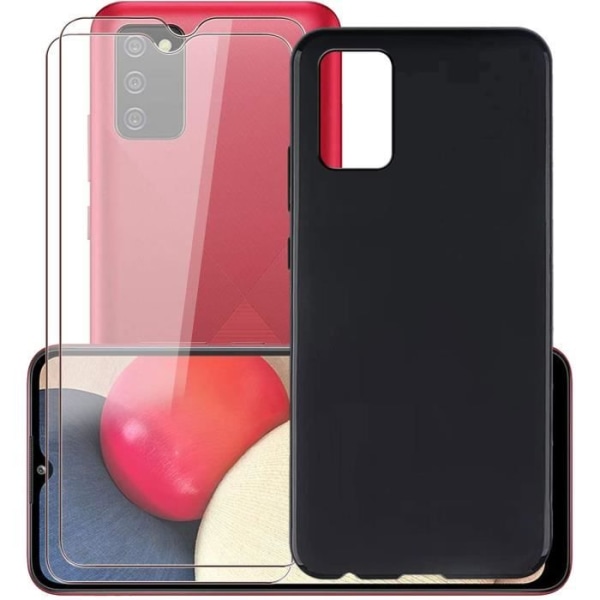 Cover til Samsung Galaxy A02s 6,5" + 2X hærdet glas skærmbeskytter, blød sort TPU silikonecover, anti-ridse cover