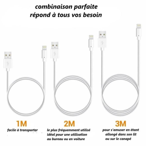 KABEL TIL IPHONE X 8 7 6 5 S SE PLUS IPOD IPAD FORSTÆRKET USB OPLADER HVID Ny