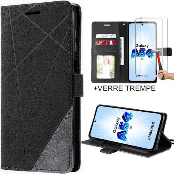 Fodral för Samsung Galaxy A54 5G Flip Fodral Svart syntetiskt läderstöd och 2 härdade glasögon