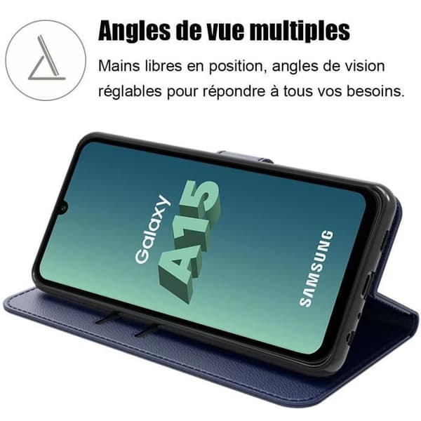Coque Flip - BOOLING - för Samsung Galaxy A15 - PU-läder - Stötsäker - 2 Härdat Glas marinblå