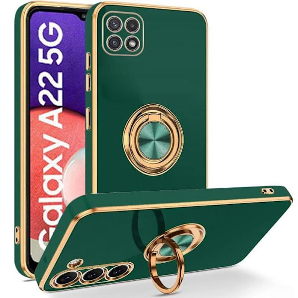Fodral för Samsung Galaxy A22 5G, midnattsgrön, stötsäker mjuk TPU med roterande ringhållare och pläterad kant