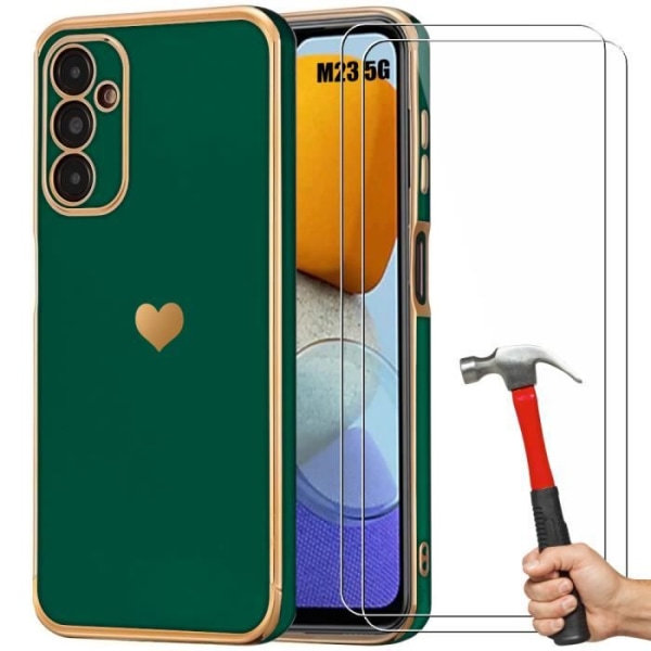 TPU-fodral för Samsung Galaxy M23 5G Midnight Green Heart Pattern Anti-Scratch + 2 härdat glasskydd