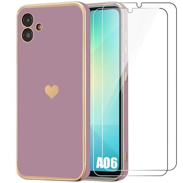 Silikonfodral + 2 härdade glasögon för Samsung Galaxy A06, hjärtmönster Stötsäker Mjuk Anti-Scratch Lila