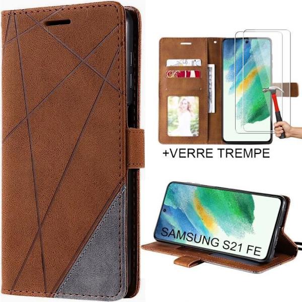 Coque Rabat för Samsung Galaxy S21 FE - BOOLING - Lädereffekt - Brun - Plånbok - Telefon Skydd - 2 Härdade Glas kastanj