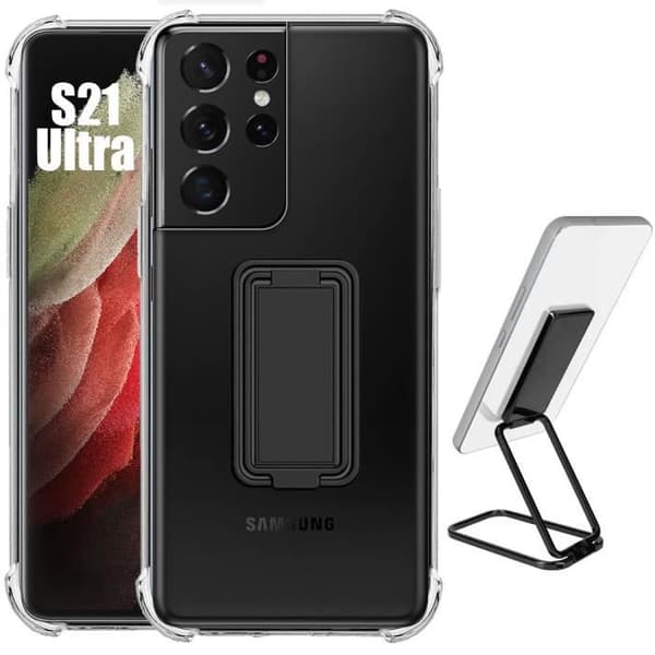 Silikonfodral - Booling - för Samsung Galaxy S21 Ultra - Stötsäker - Fällbart stöd - Slim Transparent
