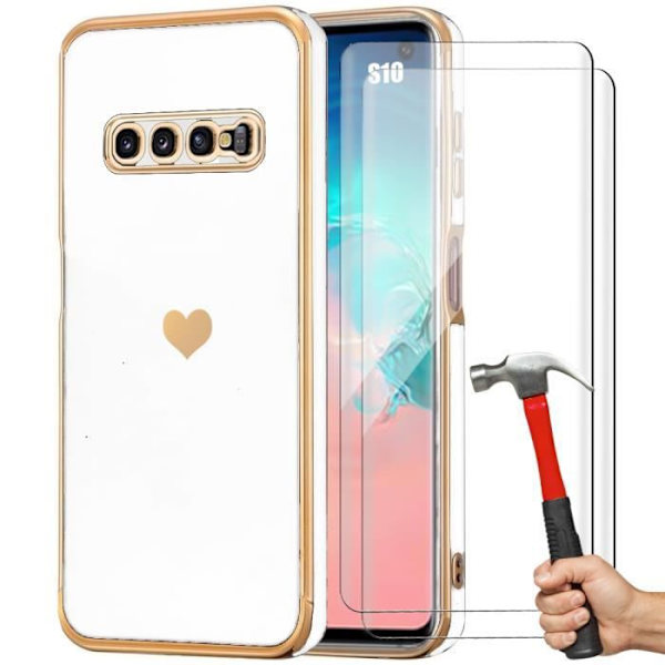 Fodral för Samsung Galaxy S10 White Heart Pattern + 2 härdat glas Stötsäkert Anti-Scratch