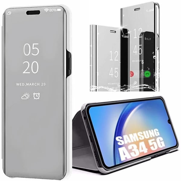 2 härdade glasögon + fodral för Samsung A34 5G Silver Integral Anti-Scratch Mirror Elegant 360° skydd