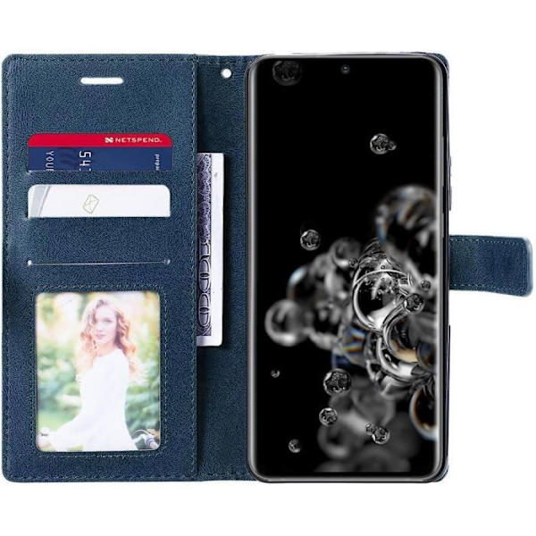 Fodral till Samsung Galaxy S20 Ultra + 2 härdade glasögon, helt stötsäkert syntetiskt läder Marinblå