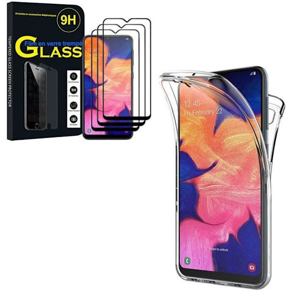 För Samsung Galaxy A10: Silikonfodral 360° fram- och bakskydd - TRANSPARENT + 3x färgade härdat glasfilmer - SVART TRANSPARENT