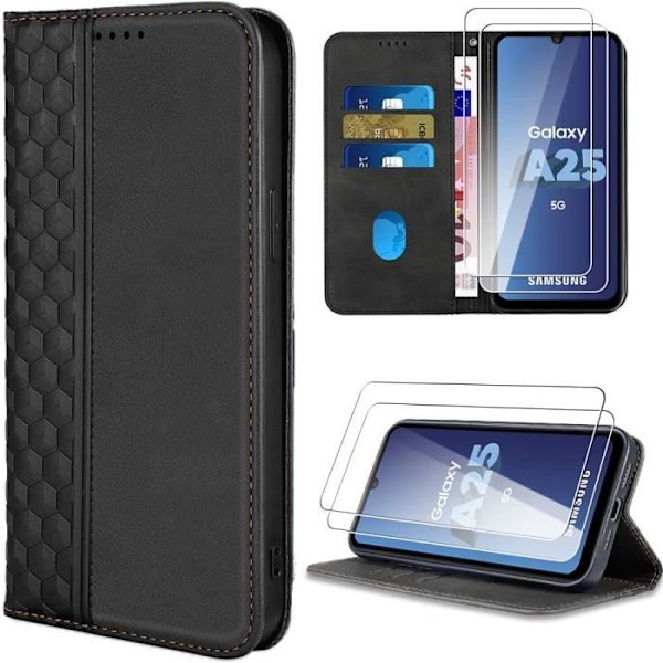 Skyddande skal - Samsung - Galaxy A25 5G - Syntetiskt läder - 2 härdat glas - Svart Svart