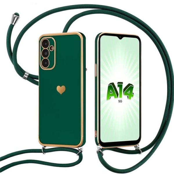 Lanyardfodral för Samsung Galaxy A14 4G-5G Nattgrönt mjukt silikon Stötsäkert hjärtamönster med justerbart linband