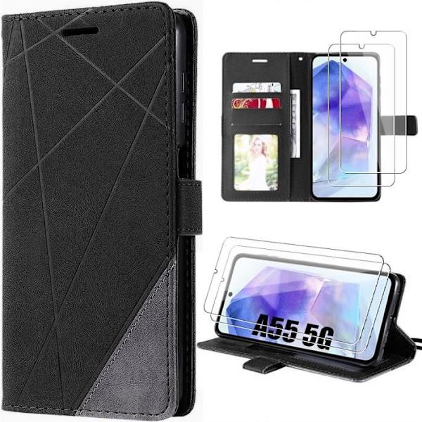 Skyddshölje - BOOLING - Samsung Galaxy A55 5G - Svart PU-läder - 2 Härdat Glas - Flera Positioner Svart