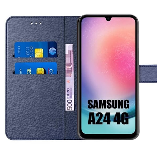 Skyddande skal för Samsung Galaxy A24 - BOOLING - Mörkblå läderlook - Stötskyddande - 2 härdade glas marinblå