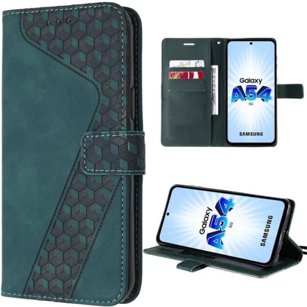 Fodral för Samsung Galaxy A54 5G, vikbart PU-läder och TPU-fodral med kortficka och stöd, geometrisk design, grön Nattgrönt