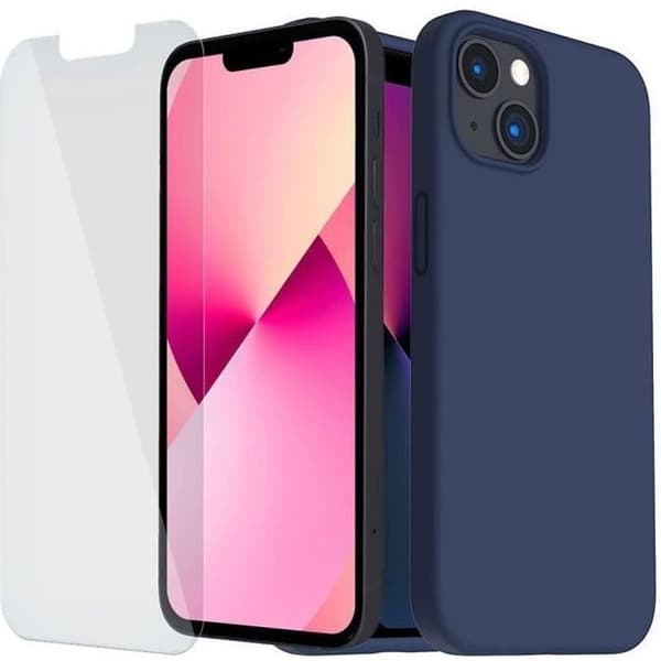 Coque - BOOLING - för iPhone 13 - Silikon - Halkskyddande - Hållbart skydd + 2 Härdat glas marinblå