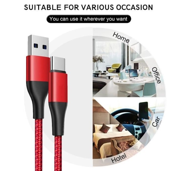 Pack med 3 snabba USB-C-kablar för Samsung Galaxy A56 A55 A26 A25 A15 A05s A35 S24 Ultra S24 FE - 1M Röd nylonflätad Röd